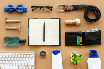Male outfit and accessories layout. Business man office table top view
