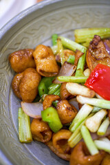 A delicious Chinese dish, fried pork intestines