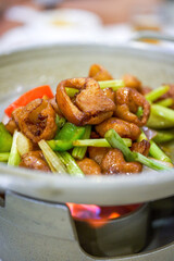 A delicious Chinese dish, fried pork intestines