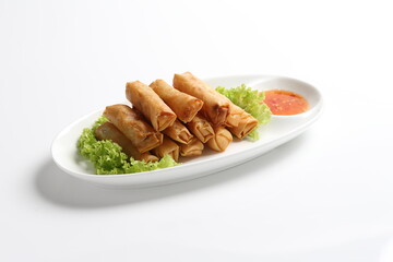 deep fried crispy vegetable spring roll with thai chilli sauce salad in white black  background dim sum snack halal menu