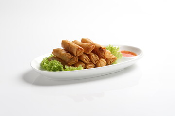 deep fried crispy vegetable spring roll with thai chilli sauce salad in white black  background dim sum snack halal menu