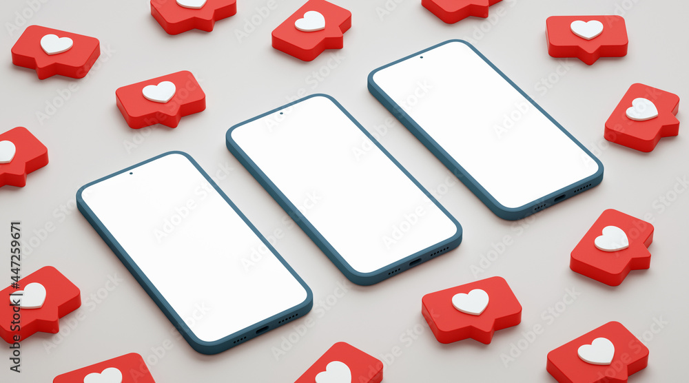 Poster three blank screen phone mockup surrounded by social media likes. smartphone display with social net