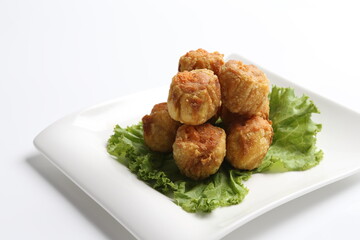 deep fried pork siew mai meat ball dim sum in white black background dim sum snack halal menu