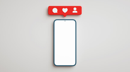 Blank screen phone mockup with social media notifications. Smartphone display in flat lay view with social network button, realistic presentation template in 3D rendering