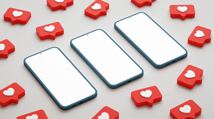 Three blank screen phone mockup surrounded by social media likes. Smartphone display with social network heart button, realistic presentation template in 3D rendering