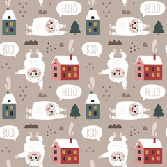 Christmas wild winter vector cute seamless pattern with Yeti characters, Bigfoot, stones, houses, snow, Christmas tree in Scandinavian Boho style