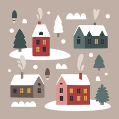 Naklejka premium Cute Christmas winter houses vector clipart set with Christmas houses and smoke from the chimney, Christmas trees, stones, bushes, snow in trendy scandinavian Boho style
