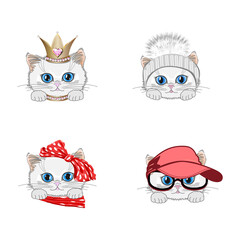 A cute white kitty princess in a crown, cap, bow and fur hat. White cat with blue eyes. Set of vector illustrations in cartoon style.