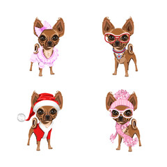 Cute dogs in different clothes. Set of vector illustrations of a small dog in a New Year's costume, a pink dress, a fur hat and glasses. Cartoon style.