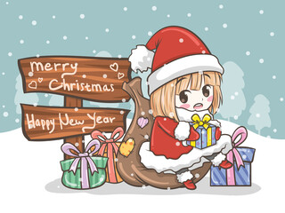 cute Santa girl Christmas greeting illustration