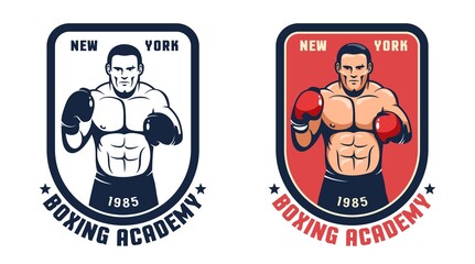 Boxing gym retro badge. Boxer in fighting stance - vintage boxing logo. Vector illustration. - obrazy, fototapety, plakaty