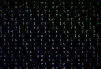 Dark blue, green vector pattern with EUR, USD, GBP, JPY.