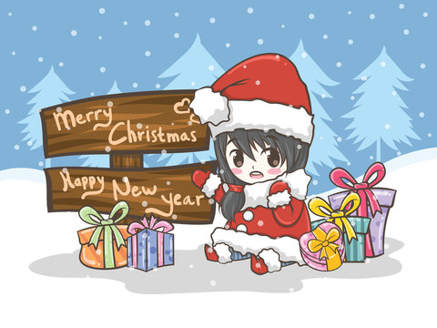cute Santa girl Christmas greeting illustration