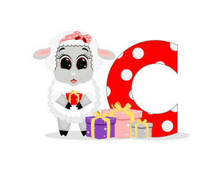 Cute Cartoon sheep with letter C. Perfect for greeting cards, party invitations, posters, stickers, pin, scrapbooking, icons.