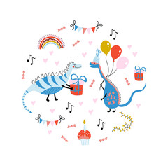 Happy Birthday. Cute vector print with dinosaurs, gifts, balloons, cupcake, rainbow on white background. Colorful illustration in simple hand drawn style for kids birthday party. 