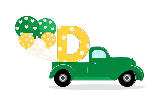 Cute Cartoon pickup truck with letter D. Perfect for greeting cards, party invitations, posters, stickers, pin, scrapbooking, icons.
