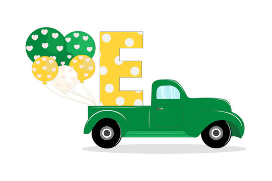 Cute Cartoon pickup truck with letter E. Perfect for greeting cards, party invitations, posters, stickers, pin, scrapbooking, icons.