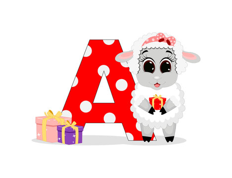 Cute Cartoon sheep with letter A. Perfect for greeting cards, party invitations, posters, stickers, pin, scrapbooking, icons.
