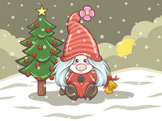 cute gnome girl illustration holding Christmas bell