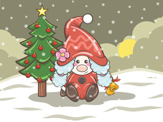 cute gnome girl illustration holding Christmas bell