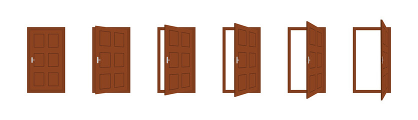 Door open. Wooden close door in house or office. Set of cartoon doorway in front with frame and handle. Animation wood interior for entrance and exit. 3d isolated brown doorframe. Vector