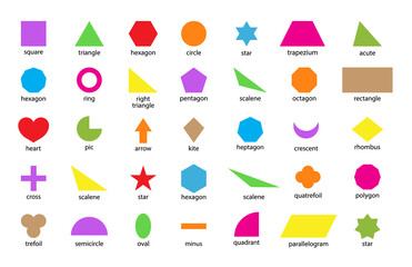 Geometric shape. Basic figure for education and toy of kids. Basic geometric shapes such as: triangle, square, circle, trapezium, heart, rhombus, polygon, rectangle, parallelogram, pentagon. Vector