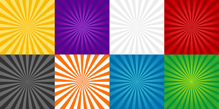 Sun burst background. Comic ray of starburst. Set of red, green, blue, orange and gray cartoon sunburst backgrounds. Abstract pop art for book, banner and wallpaper. Vintage style with beam. Vector