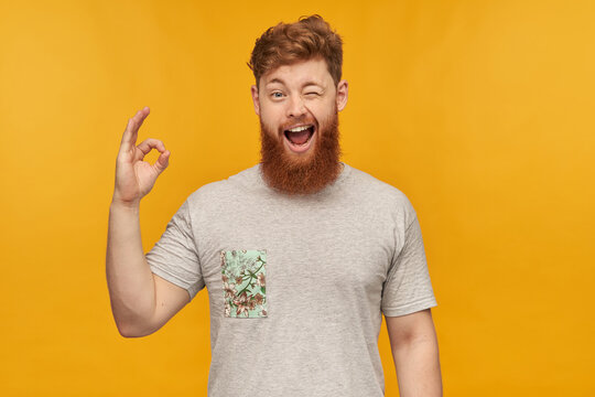 young male student, wears grey t-shirt, with red hair and beard, shows ok sign, smiles broadly and winks. Isolated over yellow background