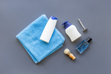 Male cosmetics for bady care grooming and shaving. Layout top view