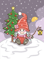 cute gnome girl holding a lantern Christmas illustration