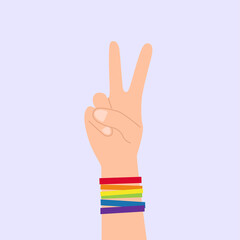 Hand gesturing peace with rainbow colored LGBTQ bracelets on blue background isolated vector illustration. LGBTQ community symbol, concept. Gay pride. LGBT, love movement. Pacific sign