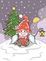 cute gnome girl holding a lantern Christmas illustration