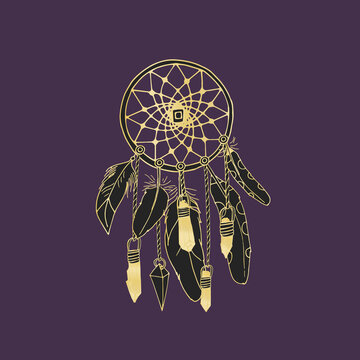 Vintage round dreamcatcher with crystals and feathers.