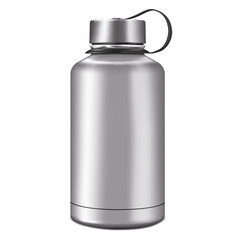Blank insulated water bottle isolated on white background, realistic vector mock-up. Stainless steel shiny metal sport flask, mockup. Template for design