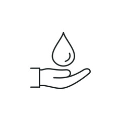 Water drop, liquid, oil on hand icon line style isolated on white background. Vector illustration