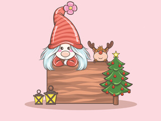 cute gnome girl with deer merry Christmas illustration