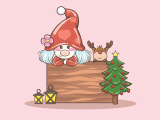 cute gnome girl with deer merry Christmas illustration