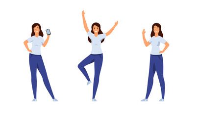 Fototapeta premium Joyful attractive woman set. Beautiful girl in tshirt and jeans is showing new smartphone. He enthusiastically wants to hug close friend. Raises his hand in greeting. Vector cartoon template