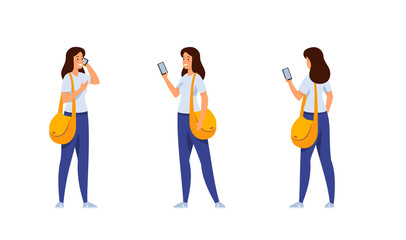 Obraz premium Young woman with smartphone various activities set. Beautiful girl in jeans and tshirt is happily talking on phone. Yellow stylish bag. Reads new messages in web application. Vector flat template.