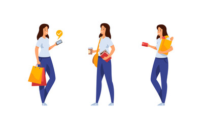 Obraz premium Beautiful girl with different actions shopping set. Young woman in tshirt and jeans with packages pays for goods from app. With books and coffee goes to university. Vector flat template