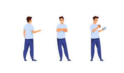 Guy talks different positions and activities. Young man in jeans and tshirt tells news and listens attentively to interlocutor. Reads chat in smartphone and drinks soda. Vector flat template