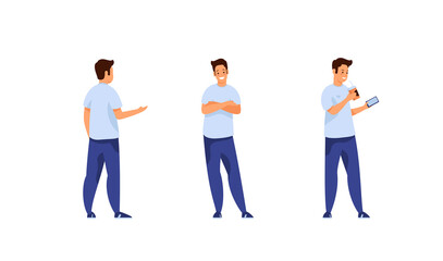 Fototapeta premium Guy talks different positions and activities. Young man in jeans and tshirt tells news and listens attentively to interlocutor. Reads chat in smartphone and drinks soda. Vector flat template