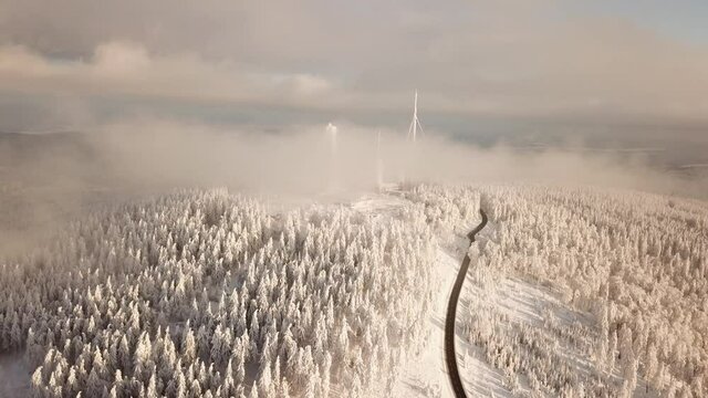 Dlog Drone view of the Feldberg Taunus Schmitten area during a cold winter day. Trees covered in snow and ice. Forrest in snow. Filmed during sunrise. Snow is wonderfully coloured in orange and red.