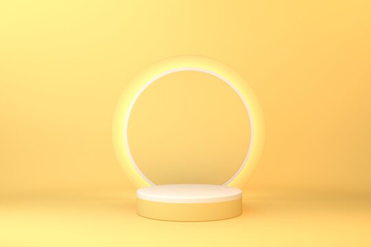 Yellow pedestal or podium on yellow background for product demonstration. 3D rendering. © Una