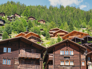traditional wooden houses, also called Swiss chalet, on a wooded hillside in the village of...