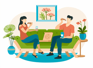 People eat pizza on interior sofa. Male and female character eating at home. Painting with flowers on wall in boho style and house plants in pots scandinavian design. Vector flat illustration