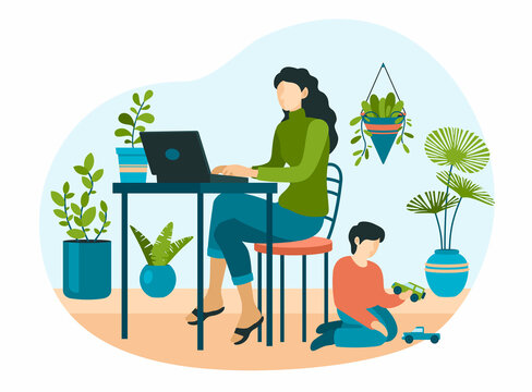 Woman with laptop in home plants interior. Female character works at table in cozy setting of potted potted flowers. Child is played on floor with toy cars. Vector flat illustration