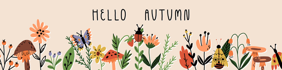 Forest plants and funny insects banner with lettering. Flowers, leaves, mushrooms, wild berries, bugs and butterflies © Art n Peaches