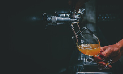 bartender hand at beer tap pouring a draught beer in glass serving in a restaurant, bar or pub