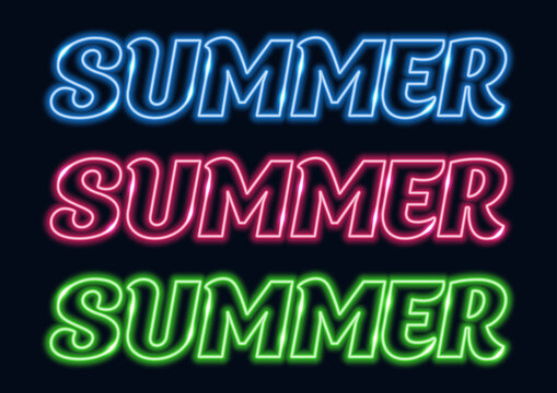 Set of inscriptions "Summer" in neon style. Neon signs. Laser glowing lines on a dark background.